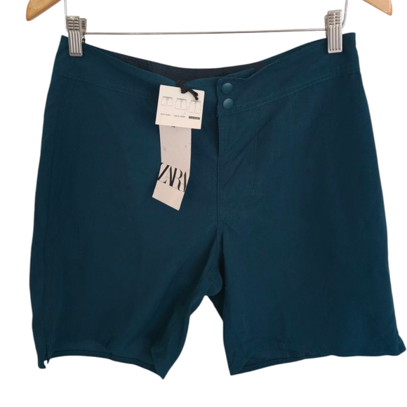 NWT Zara Men's Swim Board Shorts Teal Long Length Size Medium - Picture 1 of 17